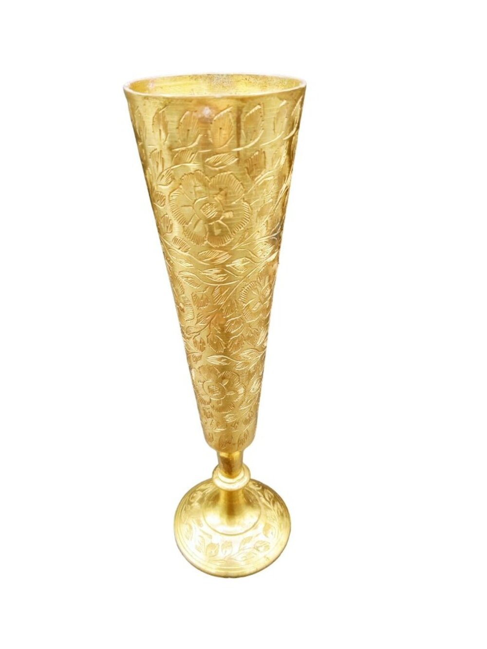 Metal Bud Vase Vintage Gold Tone Etched Floral 8" Made in India